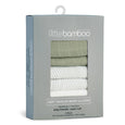 Packaging of Little Bamboo soft muslin wash cloths with a hook on a white background