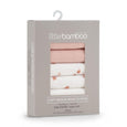 Packaging of Little Bamboo soft muslin wash cloths with pink and white designs.