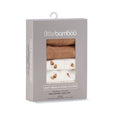 Packaging of Little Bamboo soft muslin wash cloths with brown and white designs.