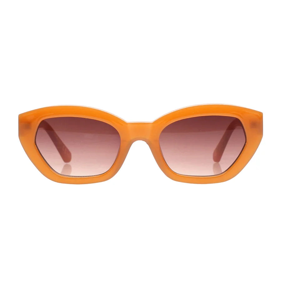 Cat-eye sunglasses with a translucent orange acetate frame and gradient brown lenses, shown against a plain white background.