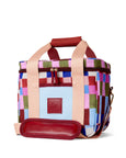 Colorful checkered bag with a red handle on a white background