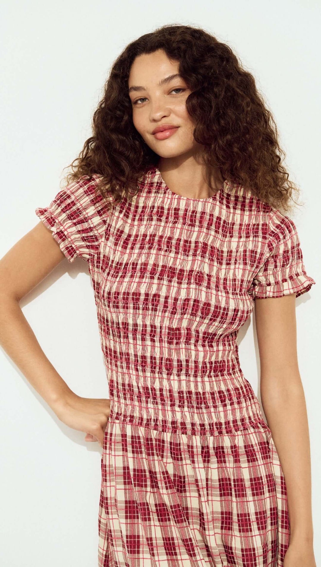 Anouk Shirred Midi Dress - Wine Check