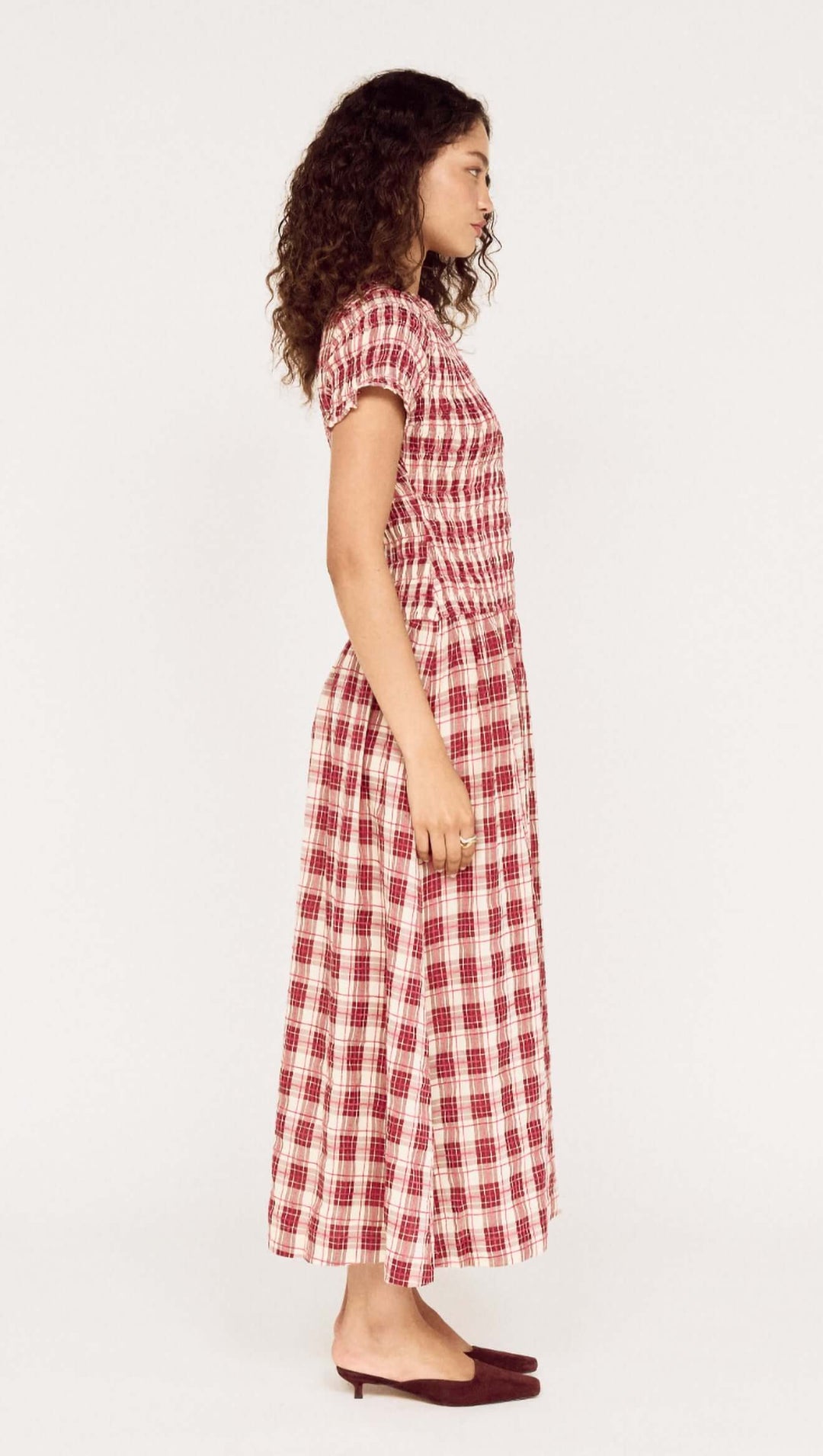 Anouk Shirred Midi Dress - Wine Check