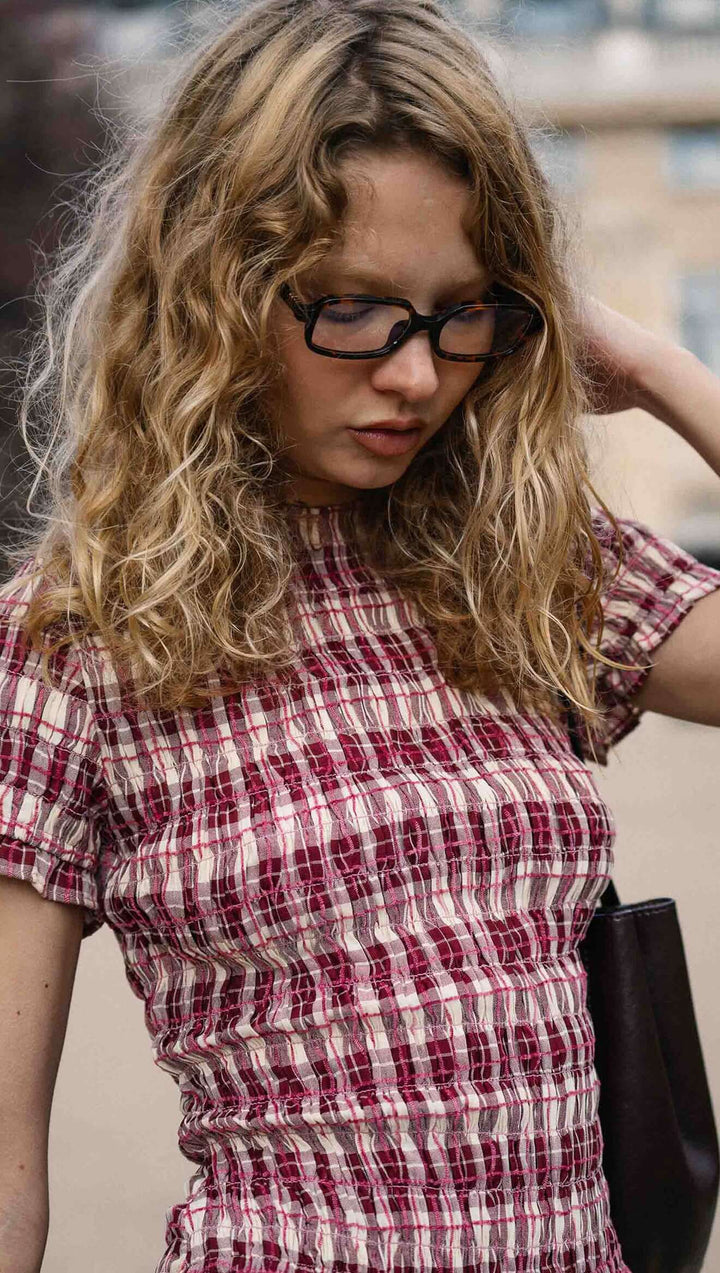 Anouk Shirred Midi Dress - Wine Check