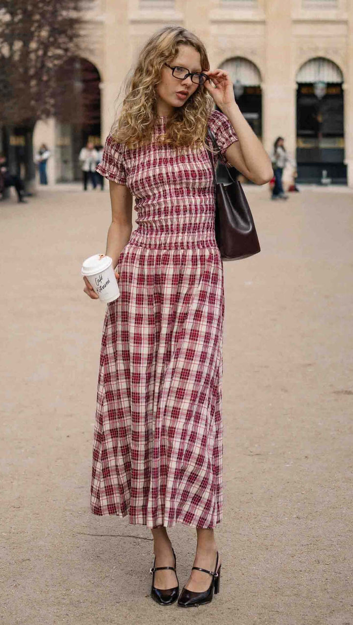 Anouk Shirred Midi Dress - Wine Check