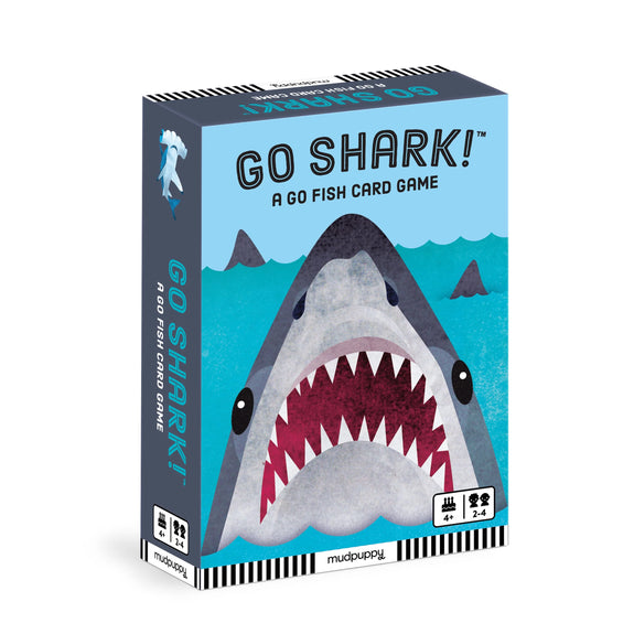Box of 'Go Shark!' a Go Fish card game with a shark illustration on a white background