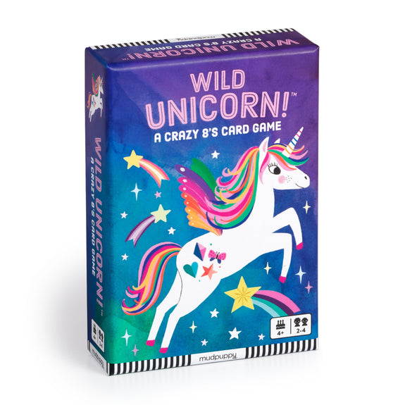 Card game box titled 'Wild Unicorn!' with a colorful unicorn design on a blue background.