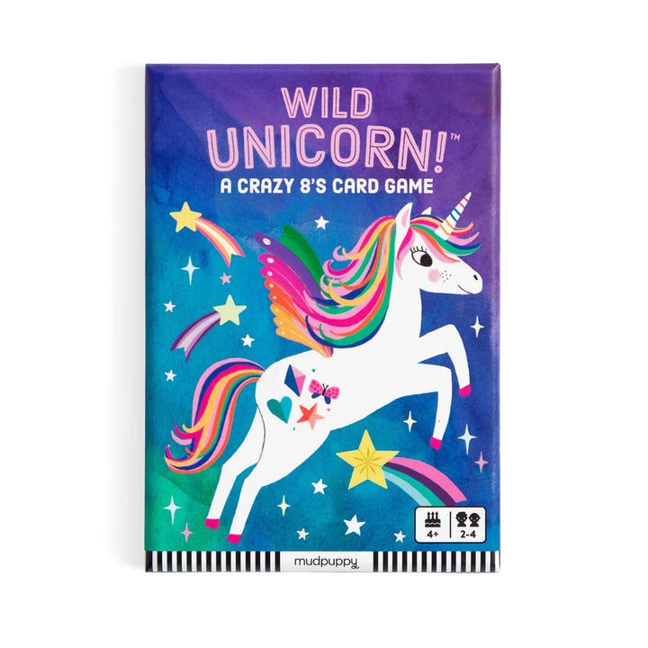 Card game box with a colorful unicorn design on a blue background