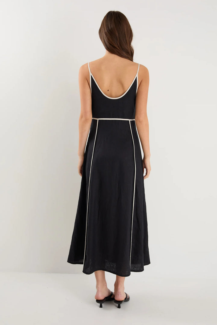 Marine Black Contrast Piped Linen Strappy Maxi Dress