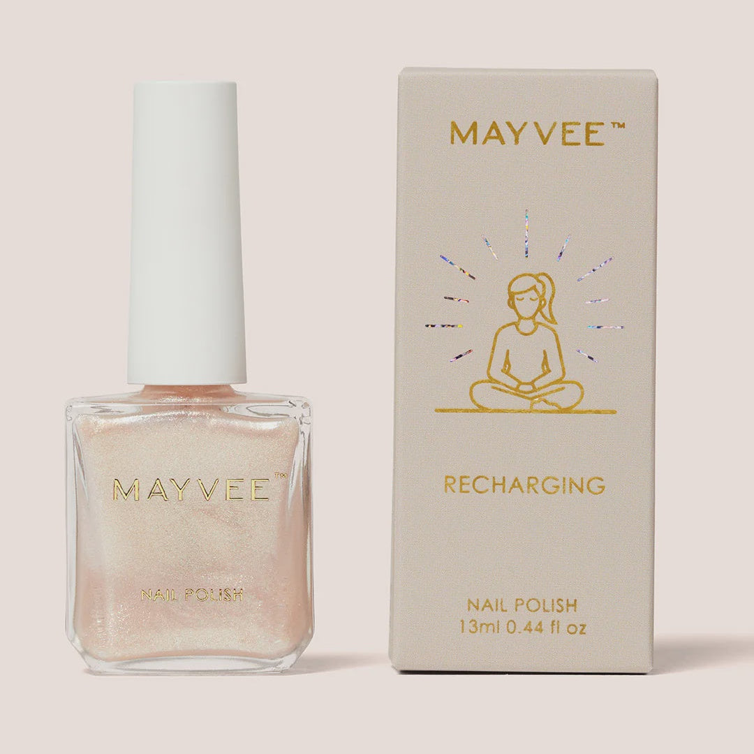Mayvee Recharging nail polish bottle and its matching beige packaging box on a solid pale pink background.