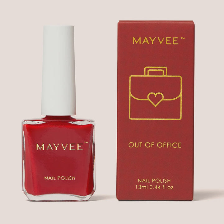 Mayvee Out of Office nail polish in a bright red shade, shown in a square glass bottle with a white cap next to its dark red packaging box featuring gold text and a briefcase icon.