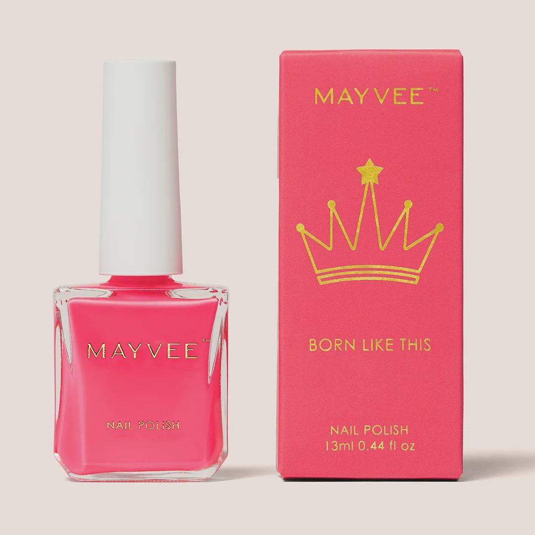 A bottle of Mayvee nail polish in a bright hot pink shade next to its matching pink packaging box with gold lettering and a crown graphic, set against a solid light beige background.