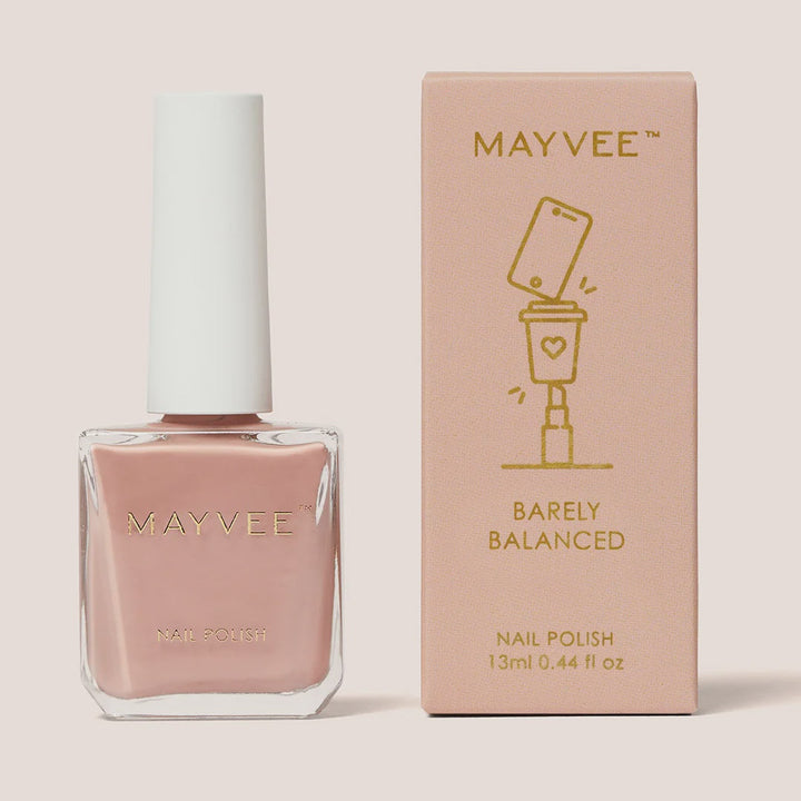 Mayvee Barely Balanced nail polish in a square glass bottle with a white cap, shown next to its matching pink packaging box on a light beige background.