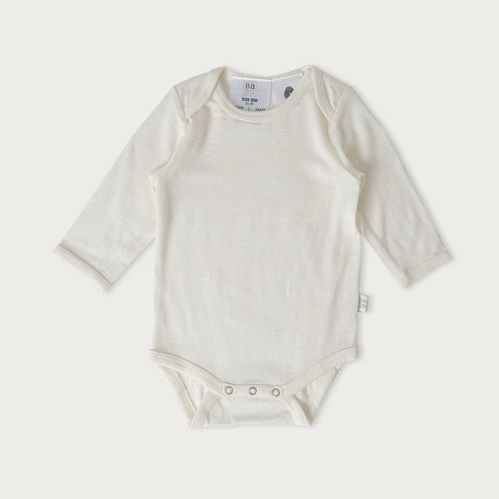 Babu Long-Sleeved Merino Bodysuit is an essential layette wardrobe staple available from www.thecollectivenz.com