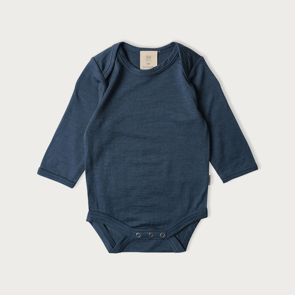 Babu Long-Sleeved Merino Bodysuit is an essential layette wardrobe staple available from www.thecollectivenz.com