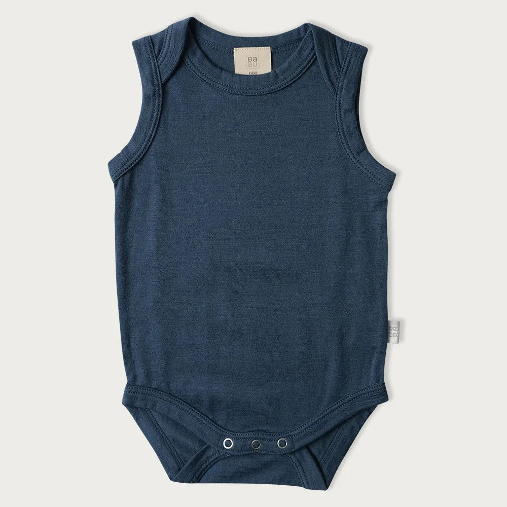 Merino Singlet Bodysuits are perfect for wearing on their own in the warmer months or for layering up in cooler seasons without restricting arm movement. Available from www.thecollectivenz.com