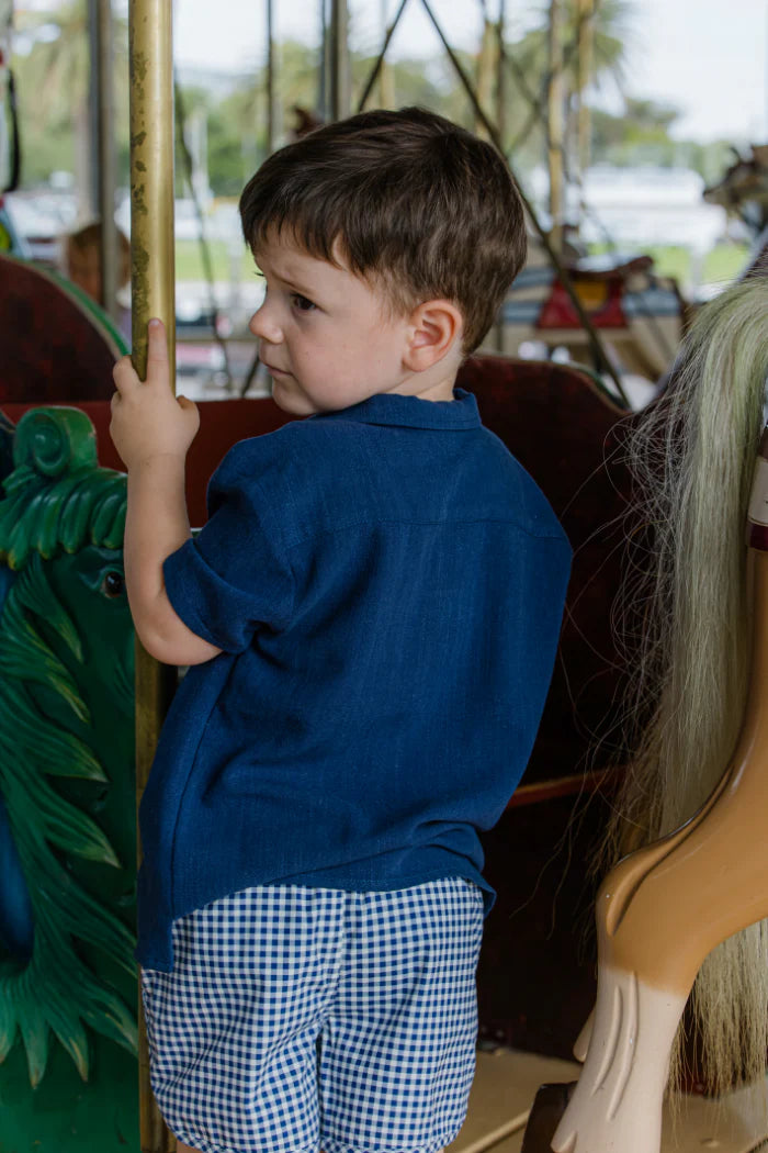 Child in a Milky blue shirt and checkered pants standing on a carousel with a blurred background