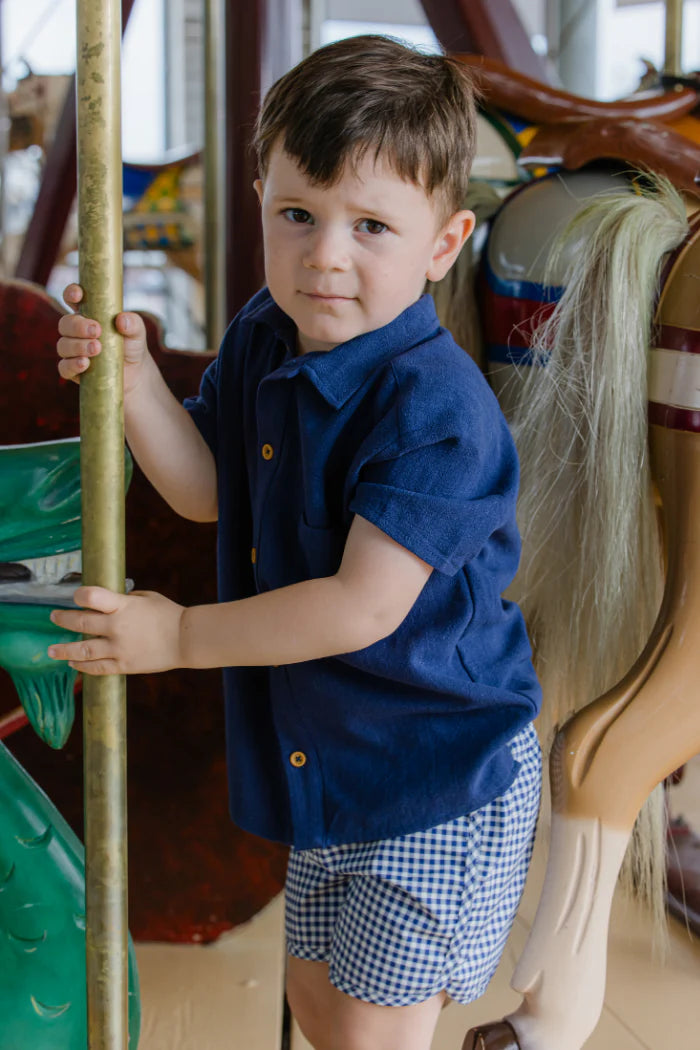 Young boy in a Milky blue shirt and checkered shorts standing on a carousel horse.