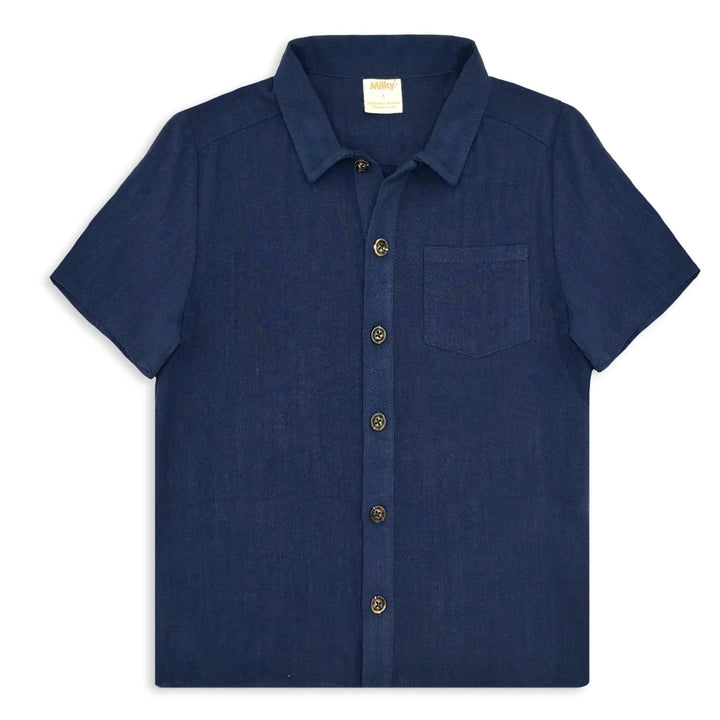 Milky Navy blue short-sleeve shirt on a white background