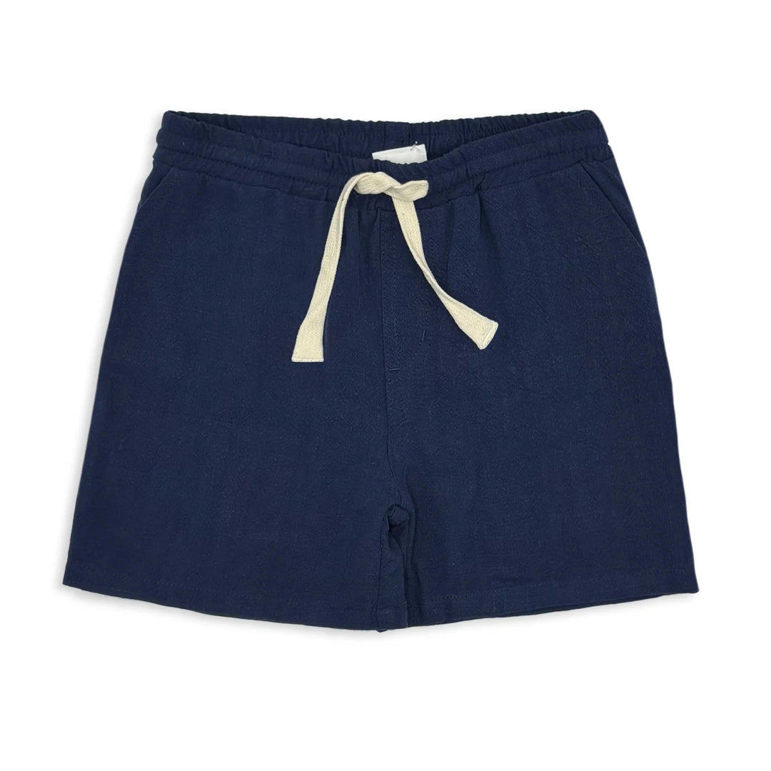 Milky Navy blue shorts with a beige drawstring on a white background