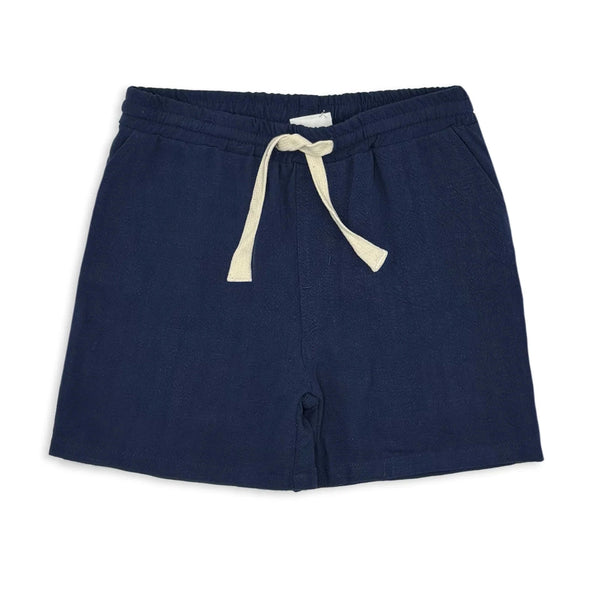 Milky Navy blue shorts with a beige drawstring on a white background