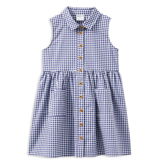 Milky Blue and white checkered dress with button details on a white background
