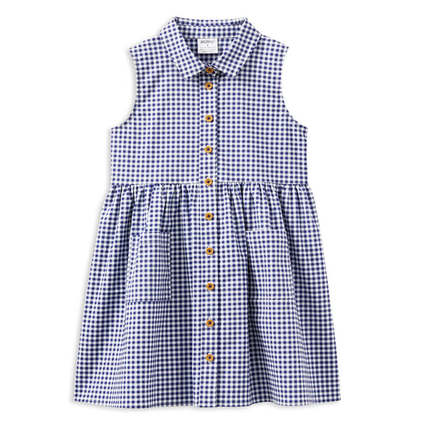 Milky Blue and white checkered dress with button details on a white background
