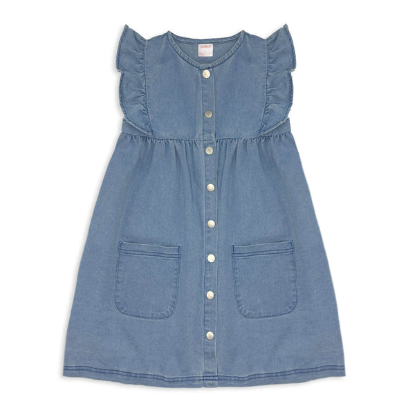 Milk Blue denim dress with ruffled shoulders on a white background