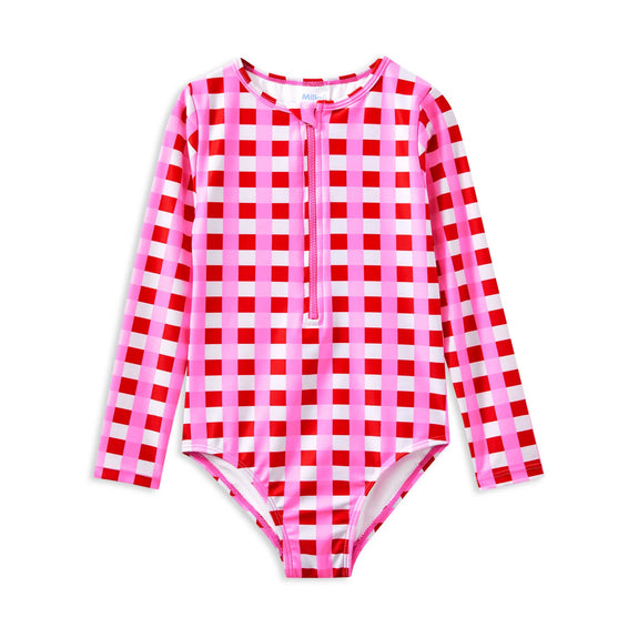 Milky Red and pink checkered swimsuit with long sleeves on a white background