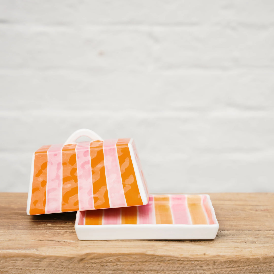 Large Butter Dish - Pink & Orange Stripe