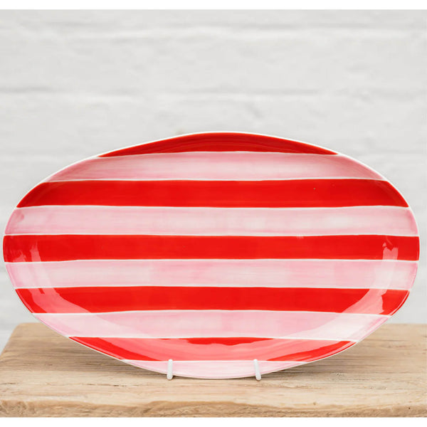 Small Oval Platter - Pink & Red stripe