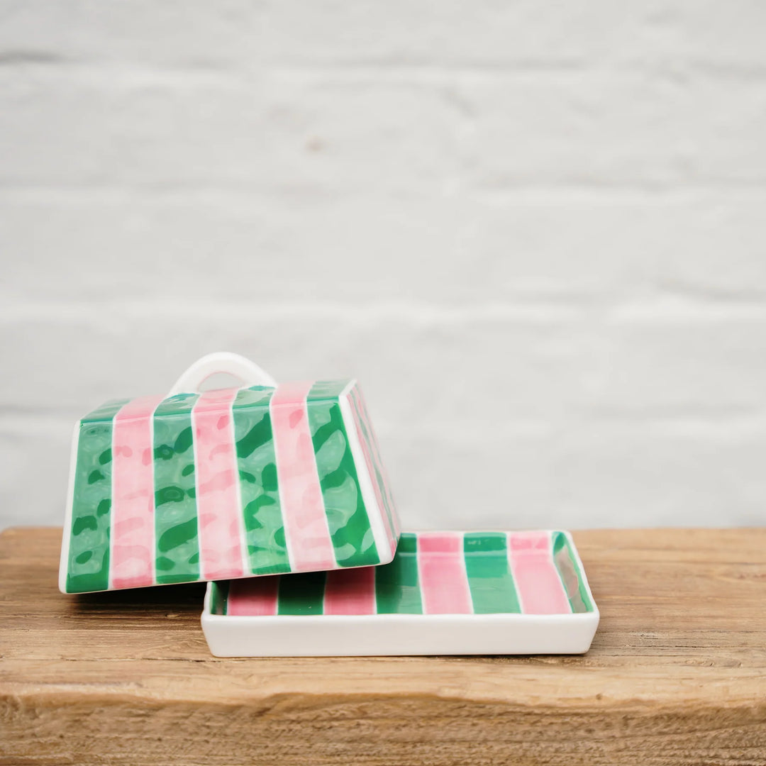 Large Butter Dish - Pink & Green Stripe`