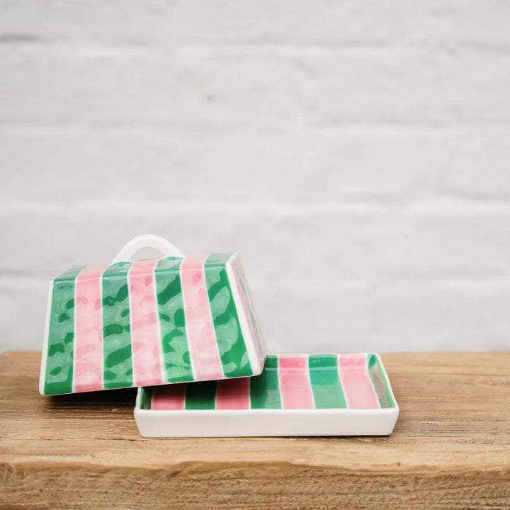 Large Butter Dish - Pink & Green Stripe`