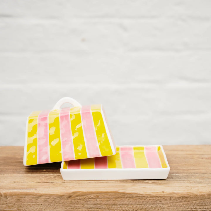 Large Butter Dish - Pink & Yellow Stripe