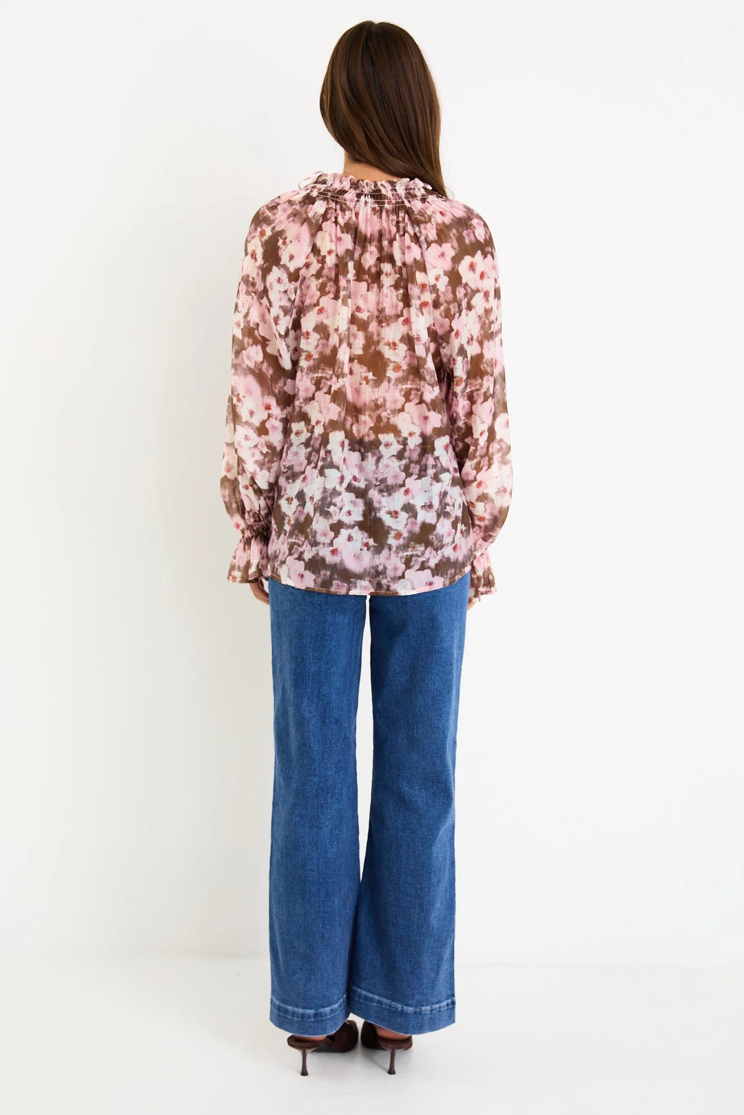 Odyssey Blush Chocolate Floral Shirred Neck LS Top