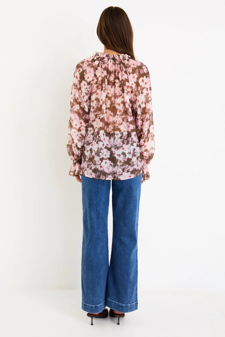 Odyssey Blush Chocolate Floral Shirred Neck LS Top