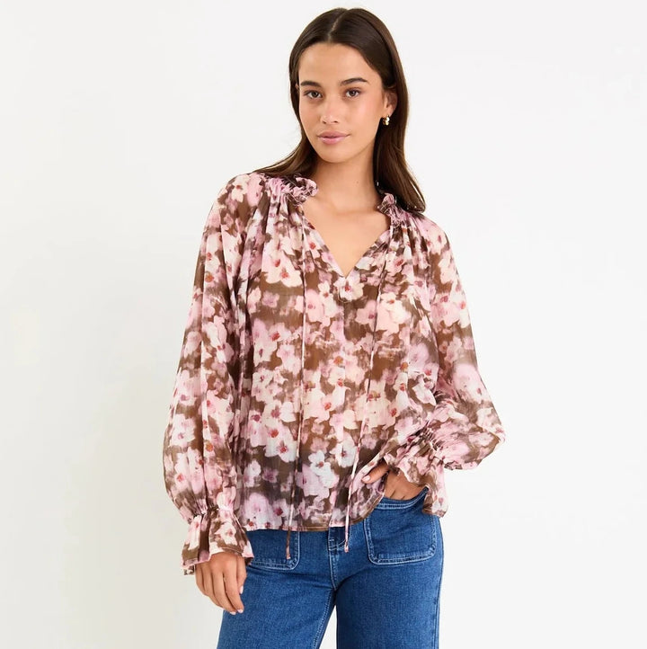 Odyssey Blush Chocolate Floral Shirred Neck LS Top
