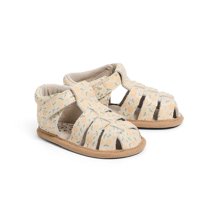 Pair of pretty brave baby sandals with floral pattern on a white background