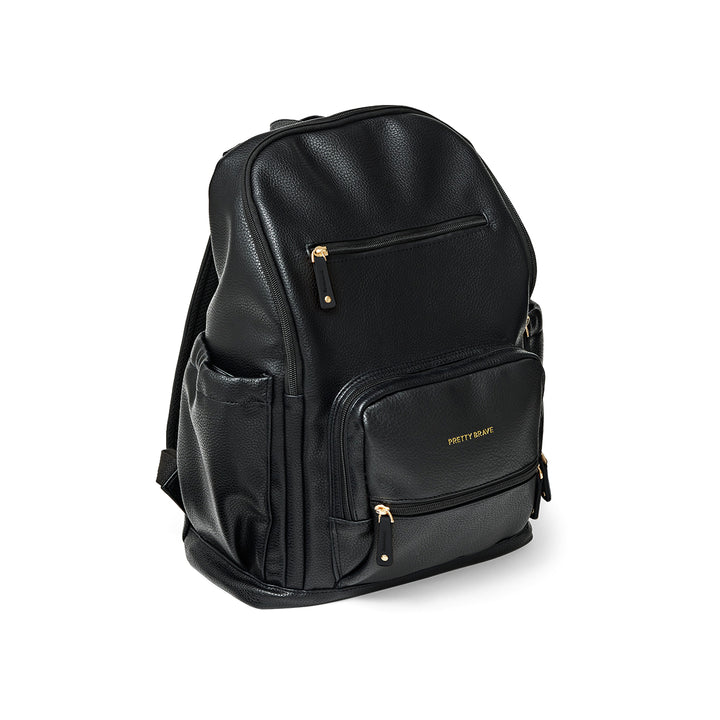 Pretty Brave black diaper backpack with gold accents on a white background