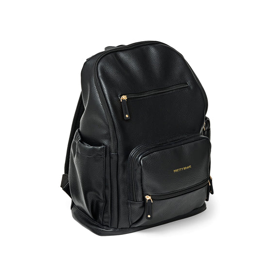 Pretty Brave black diaper backpack with gold accents on a white background