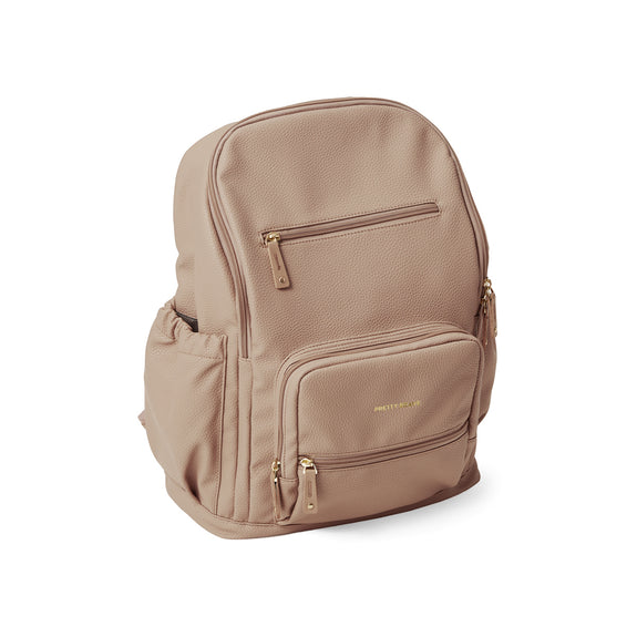 Pretty brave Beige diaper backpack with multiple pockets and zippers on a white background