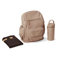 Pretty brave Beige diaper  backpack with a water bottle and black pouch on a white background