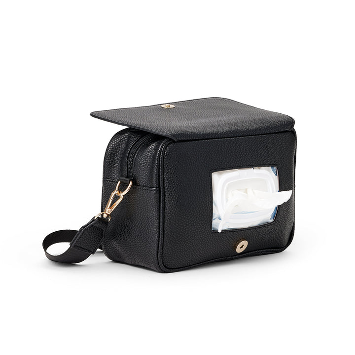 Pretty brave Black diaper bag with a transparent pocket containing tissues on a white background
