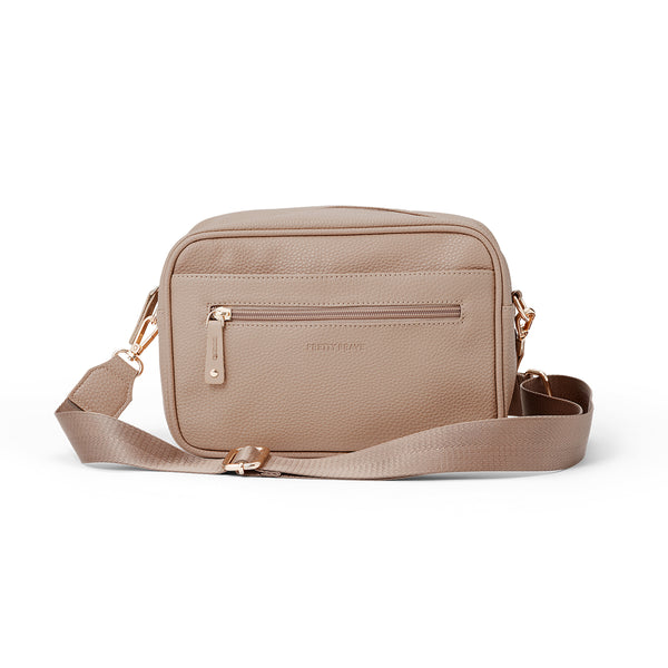 Pretty brave Beige crossbody nappy bag on a white background