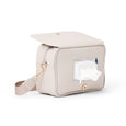 Stone crossbody diaper bagr with a transparent window showing wet wipes inside, on a white background