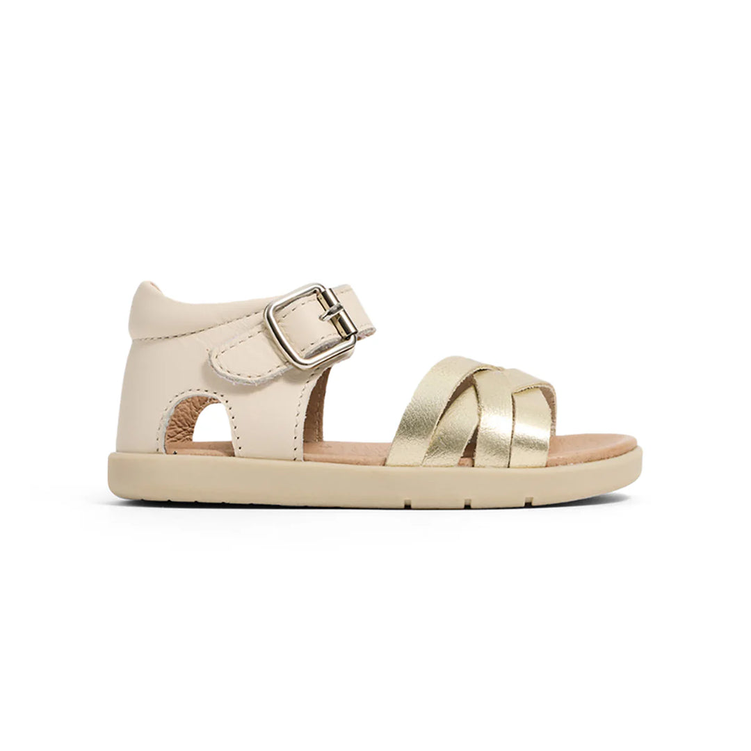 Pretty Brave Beige sandal with a gold strap and buckle on a white background