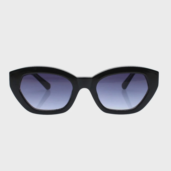 Black cat-eye sunglasses with gradient blue-to-purple lenses, shown from the front on a solid white background.