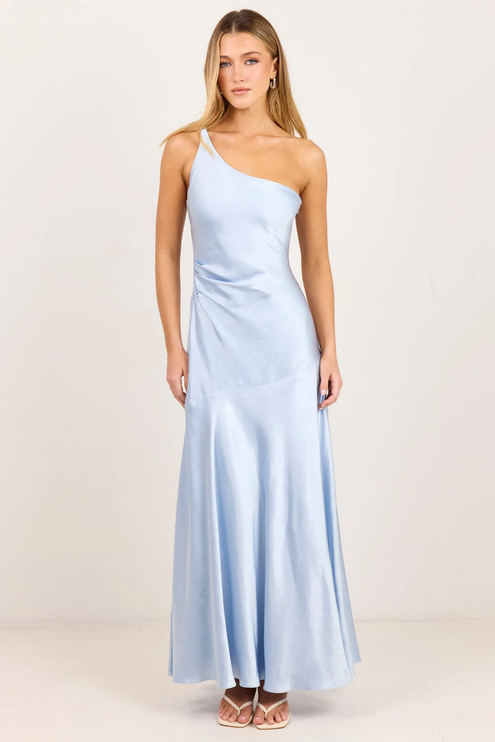 Prolific Ice Blue Satin One Shoulder Bias Slip Maxi Dress | Georgia Zoe