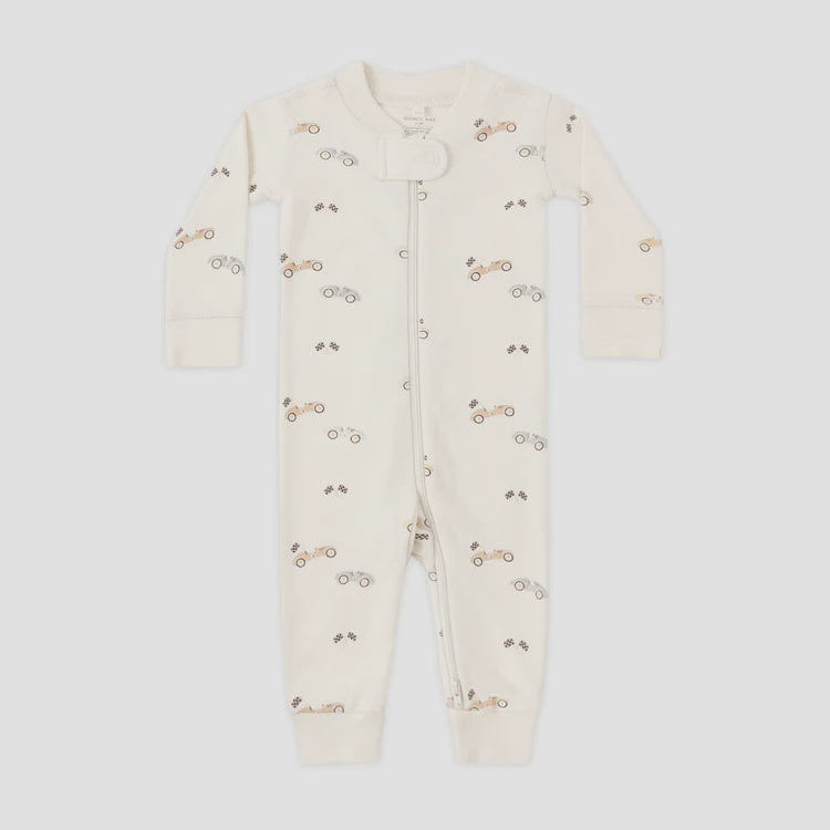 Baby onesie with car pattern on a white background