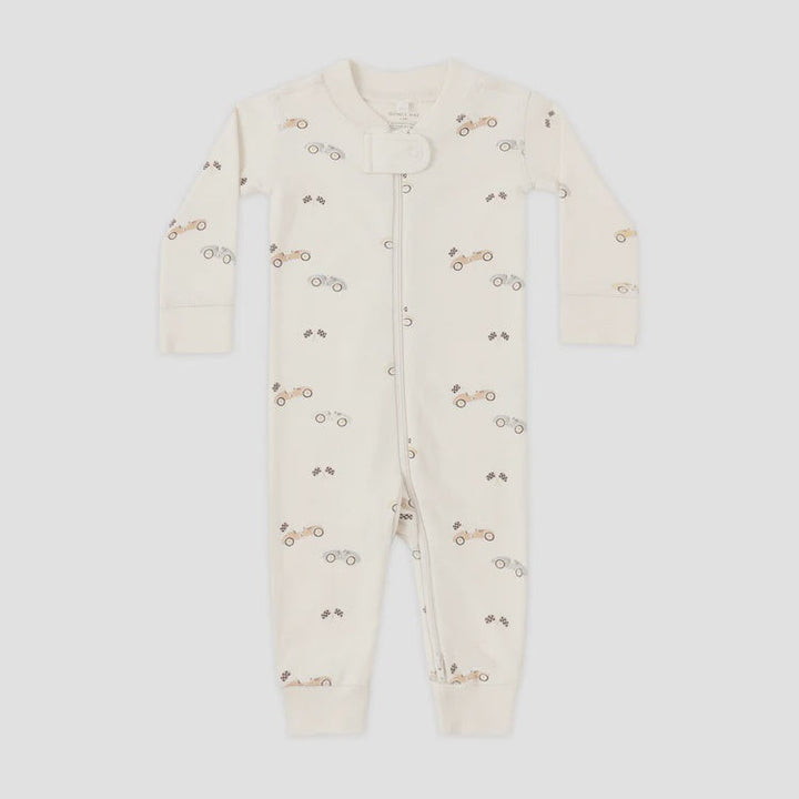 Baby onesie with car pattern on a white background